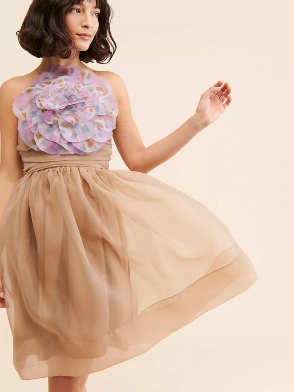 Cynthia Rowley Tan Organza Strapless Flower Dress Size 8 - 57164
